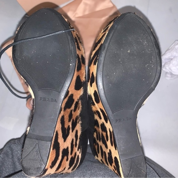 Prada Black Suede Leopard Print Calf Hair Peep Toe Wedges - Picture 10 of 10